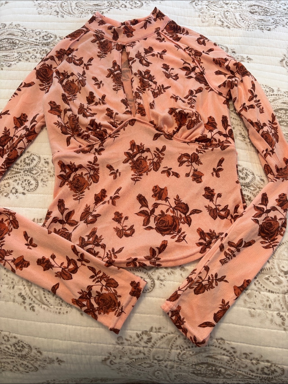 Free People copper tag Pink Floral Mock Neck Long Sleeve Top NWOT